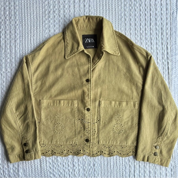 Zara Jackets & Blazers - Zara Warm Olive Utility Shirt Jacket Floral Eyelet Scalloped Hem, Size Medium